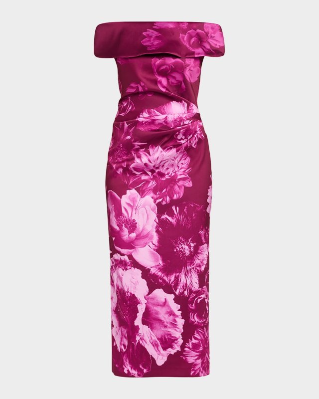 Ruched Floral Off-The-Shoulder Midi Dress